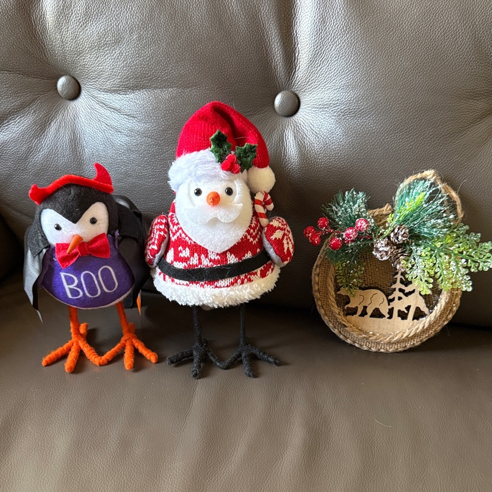Halloween Vampire Bird, Santa Bird and a Carved wood ornament. Christmas Decor